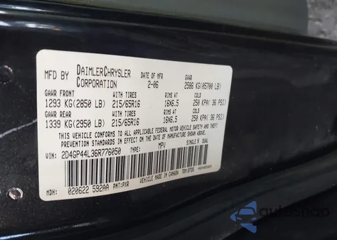 2006 Dodge Grand Caravan Sxt z USA, uszkodzony, nr VIN 2D4GP44L36R776050
